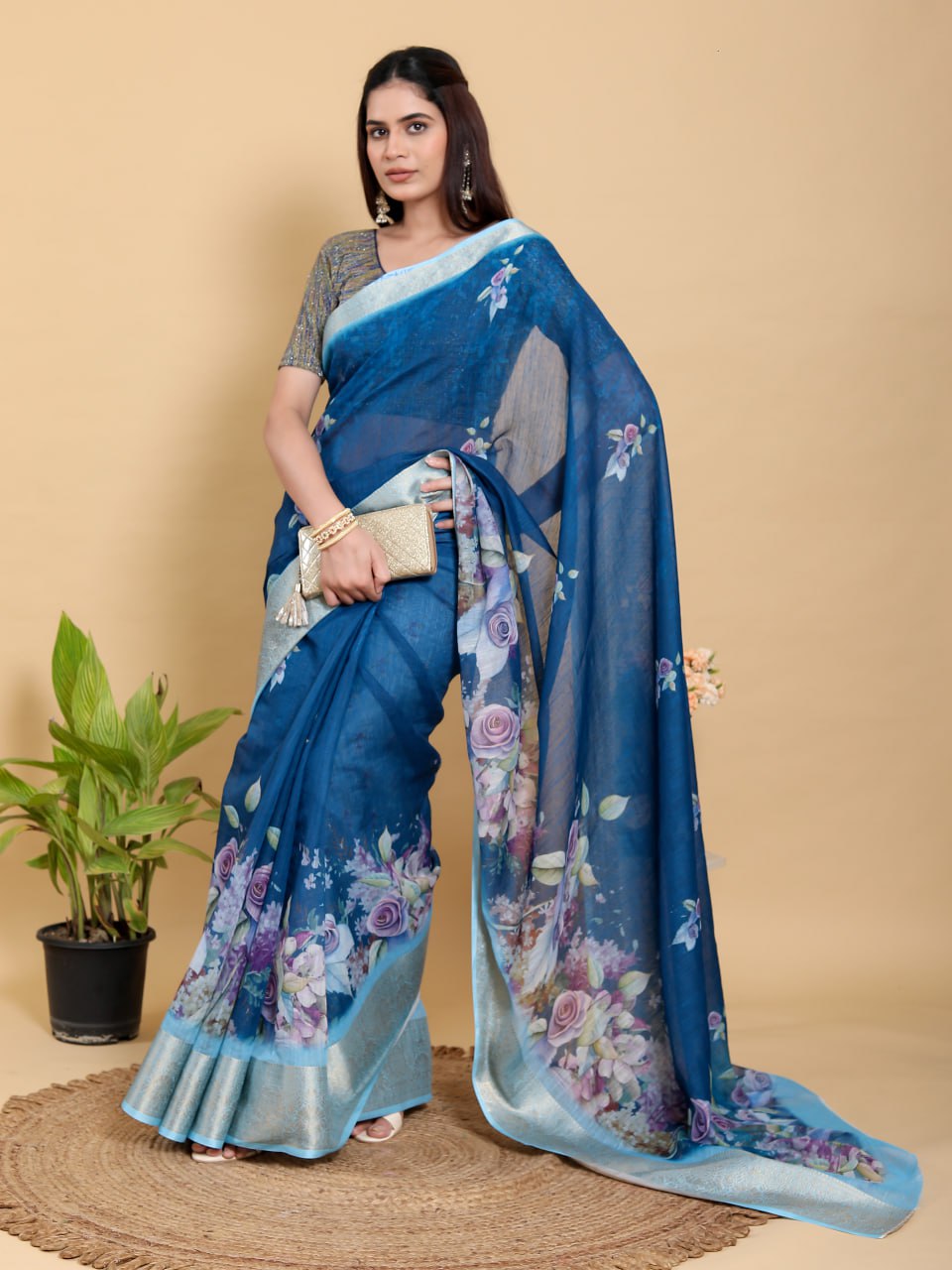 Deep Royal Blue Floral Linen Cotton Saree | Elegant Evening Wear with Jacquard Border