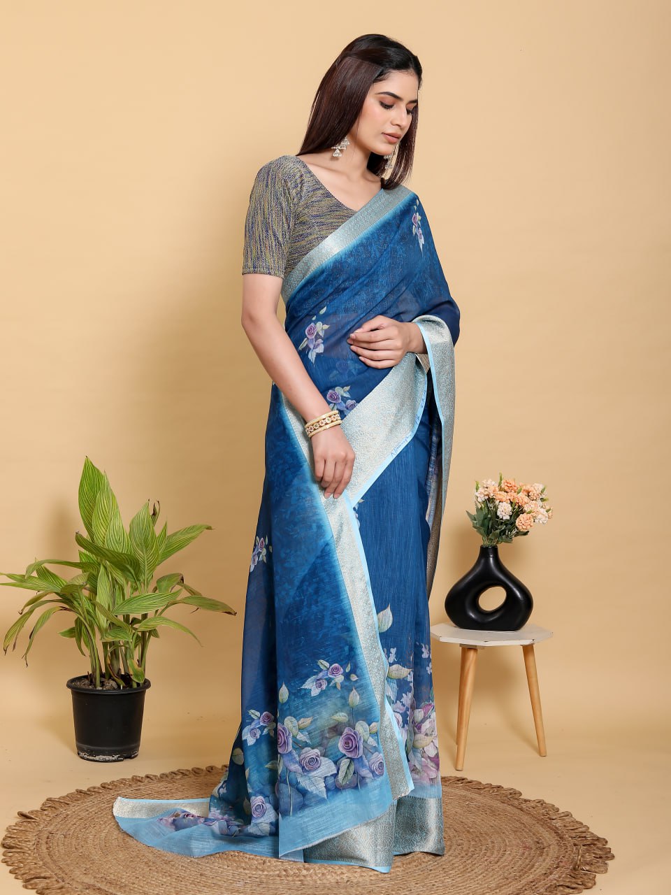 Deep Royal Blue Floral Linen Cotton Saree | Elegant Evening Wear with Jacquard Border