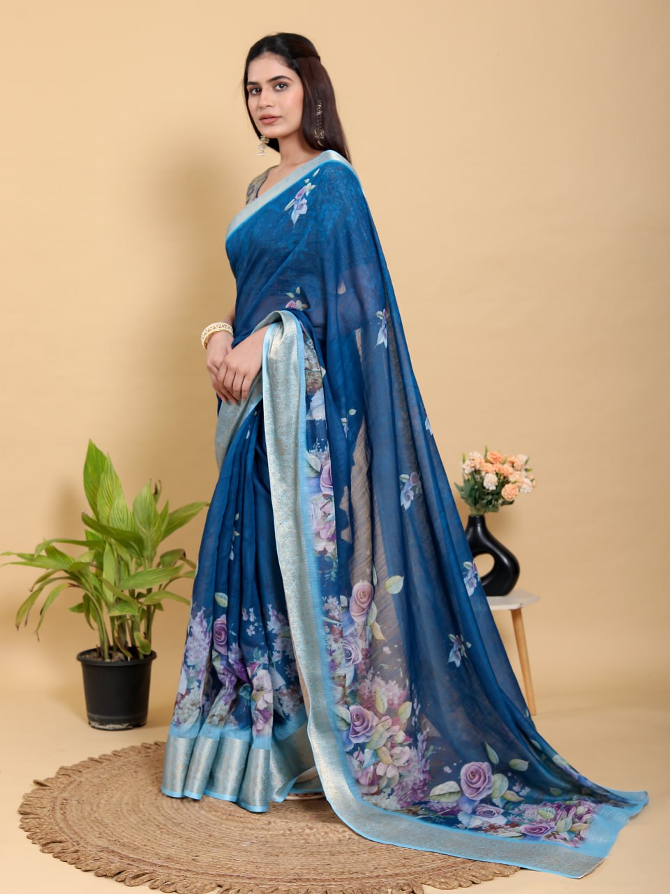 Deep Royal Blue Floral Linen Cotton Saree | Elegant Evening Wear with Jacquard Border