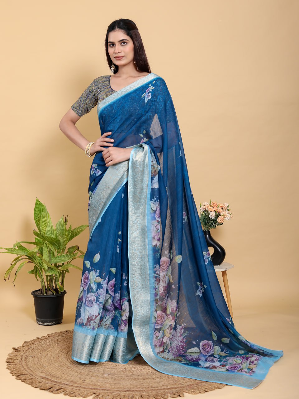 Deep Royal Blue Floral Linen Cotton Saree | Elegant Evening Wear with Jacquard Border