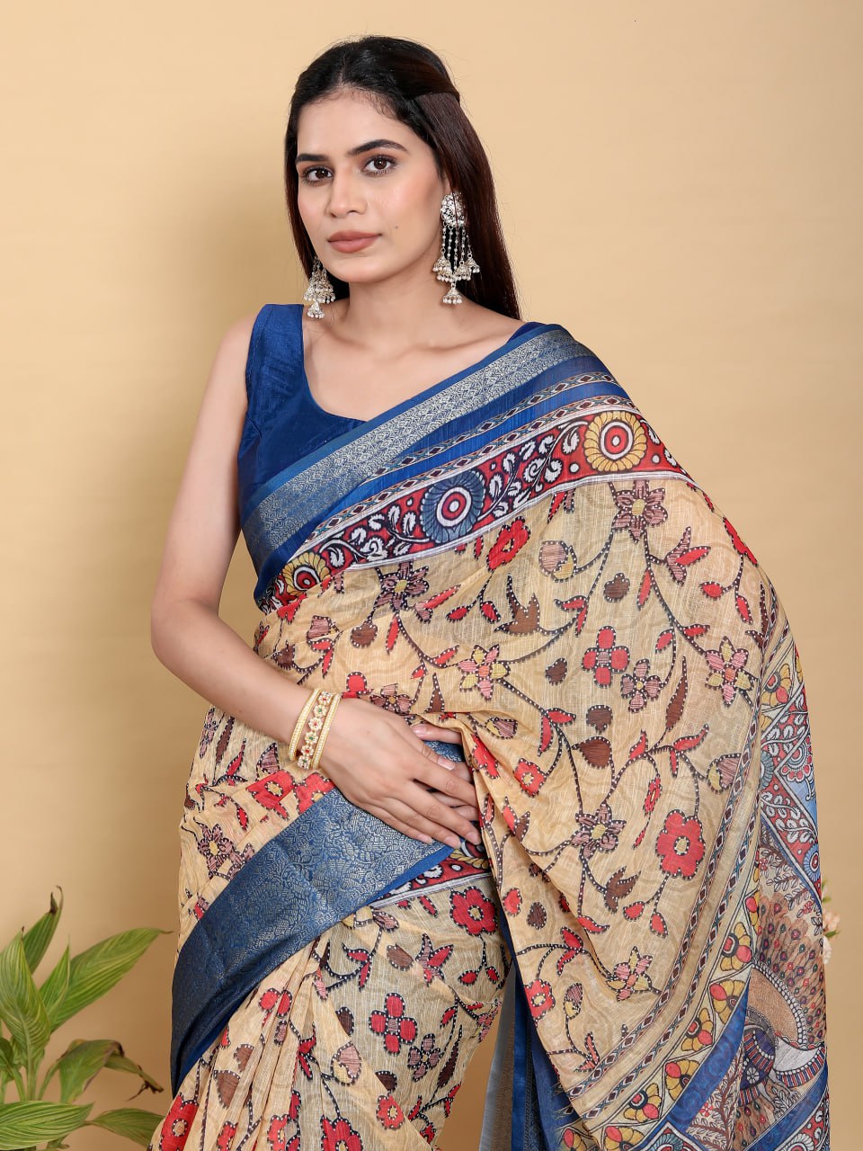 Artistic Beige & Blue Peacock Linen Cotton Saree | Kalamkari Inspired Festive Wear