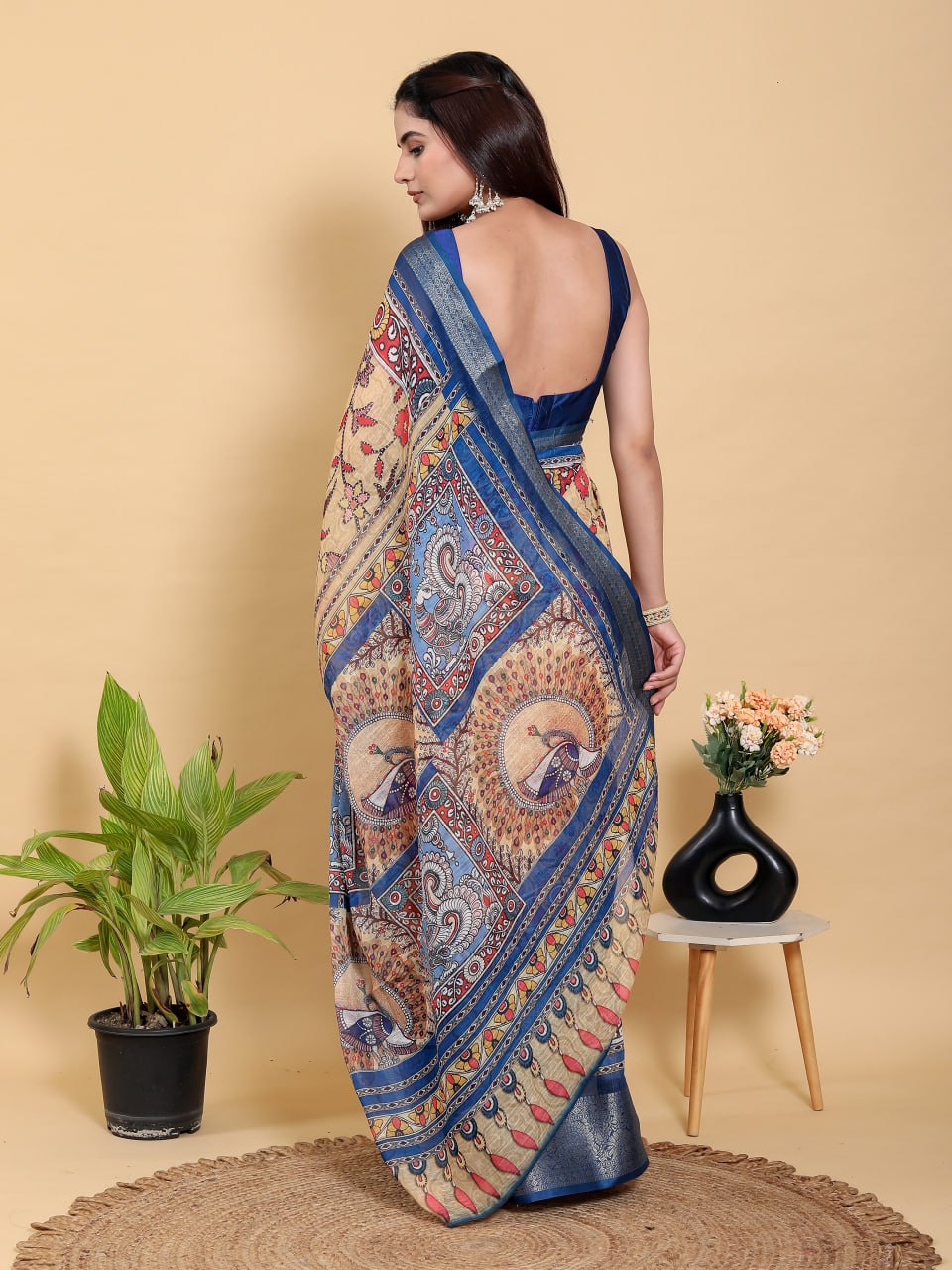 Artistic Beige & Blue Peacock Linen Cotton Saree | Kalamkari Inspired Festive Wear