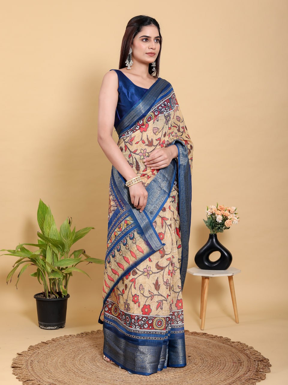 Artistic Beige & Blue Peacock Linen Cotton Saree | Kalamkari Inspired Festive Wear