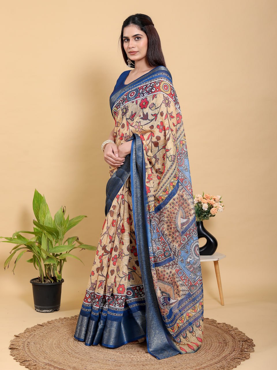 Artistic Beige & Blue Peacock Linen Cotton Saree | Kalamkari Inspired Festive Wear