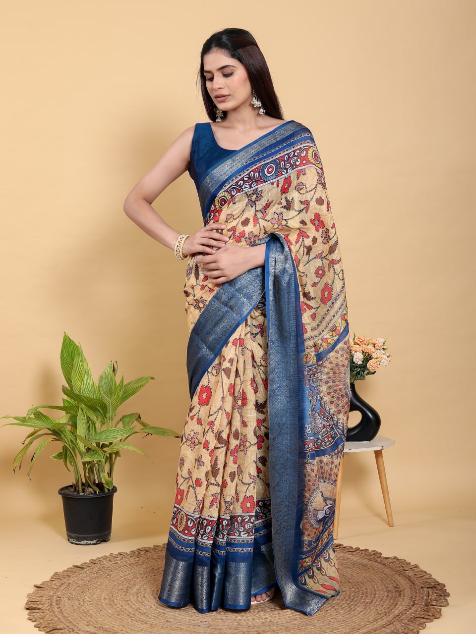 Artistic Beige & Blue Peacock Linen Cotton Saree | Kalamkari Inspired Festive Wear