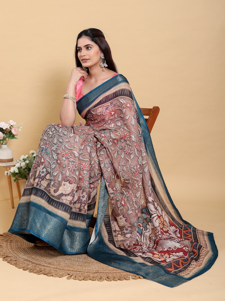 Artistic Brown & Teal Linen Cotton Saree | Kalamkari/Pichwai Inspired Festive Wear