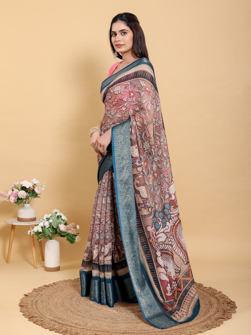 Artistic Brown & Teal Linen Cotton Saree | Kalamkari/Pichwai Inspired Festive Wear