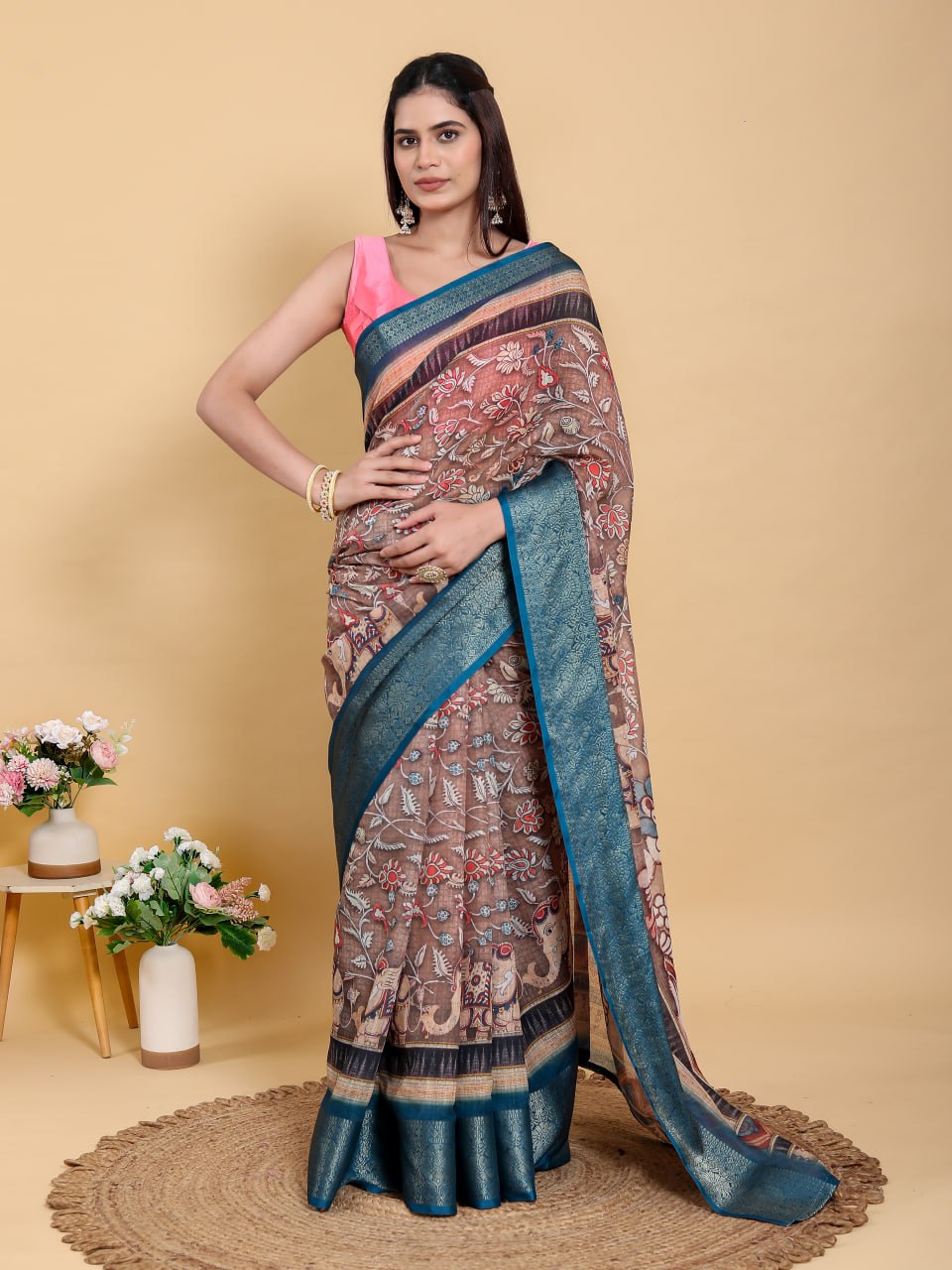 Artistic Brown & Teal Linen Cotton Saree | Kalamkari/Pichwai Inspired Festive Wear