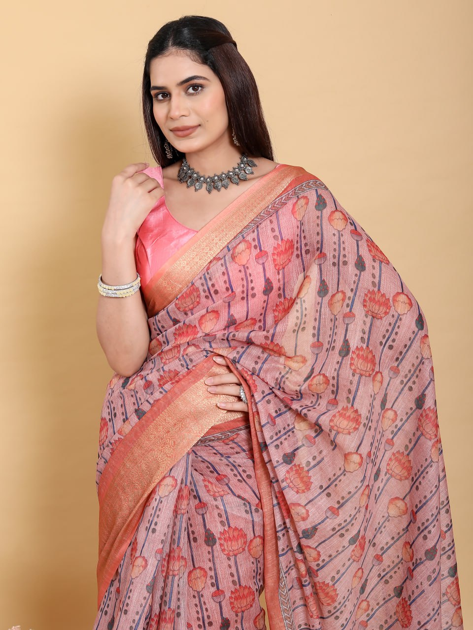 Mauve Floral Linen Saree with Copper-Orange Border