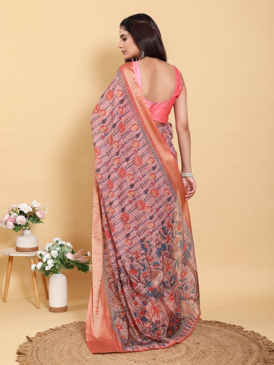Mauve Floral Linen Saree with Copper-Orange Border