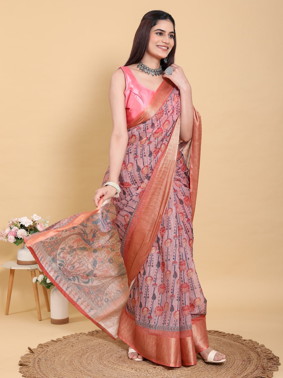 Mauve Floral Linen Saree with Copper-Orange Border