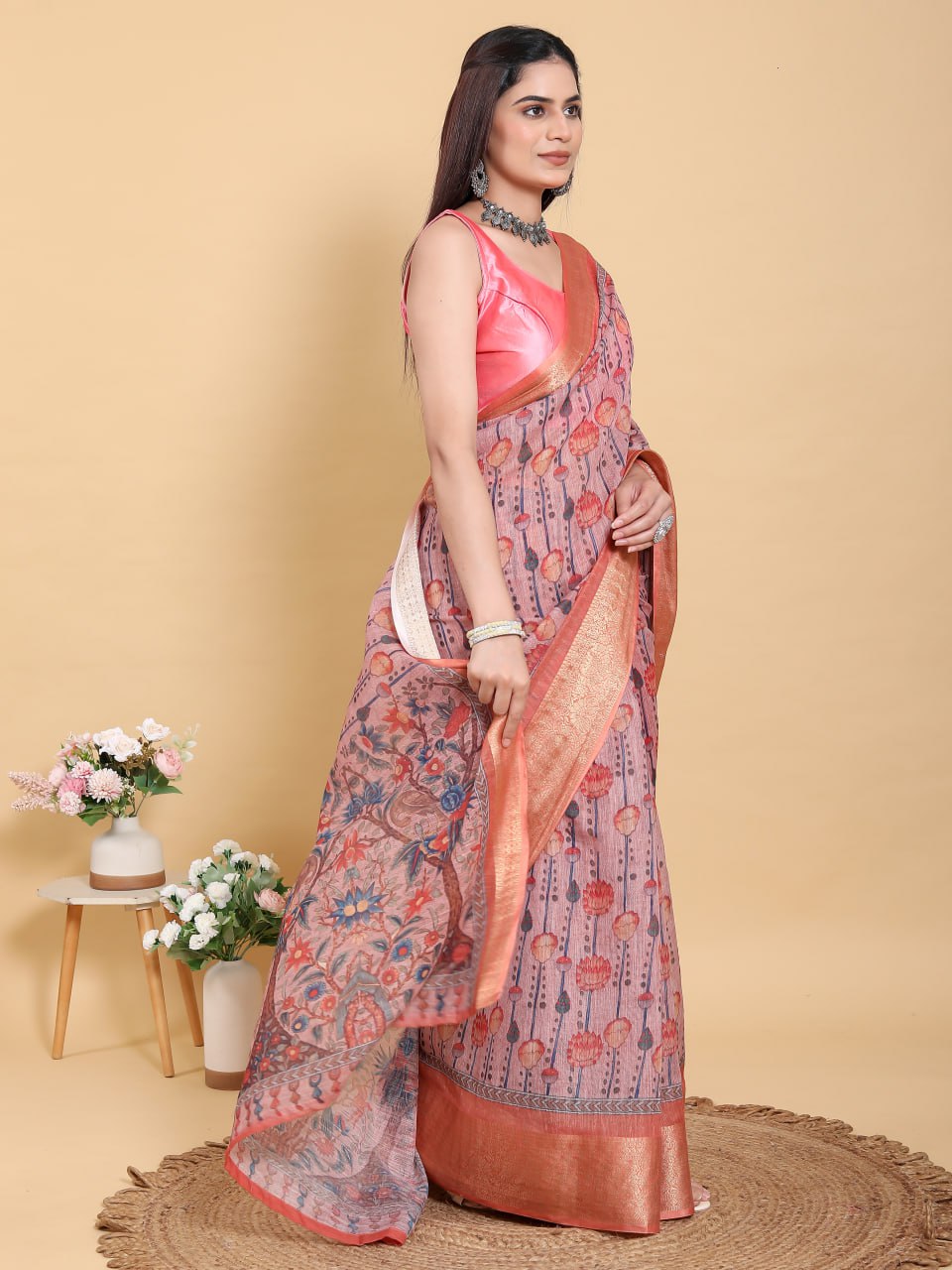Mauve Floral Linen Saree with Copper-Orange Border