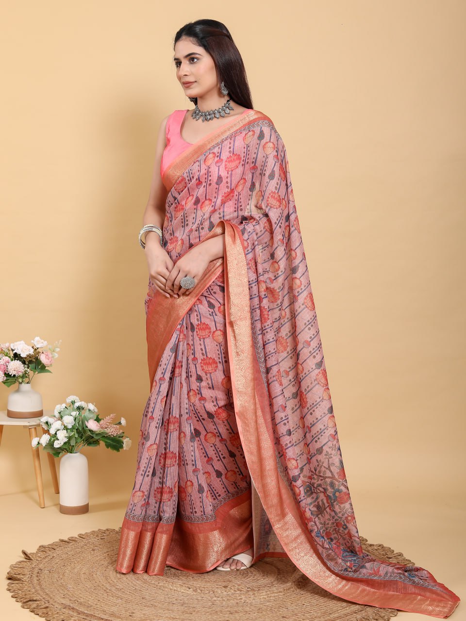 Mauve Floral Linen Saree with Copper-Orange Border