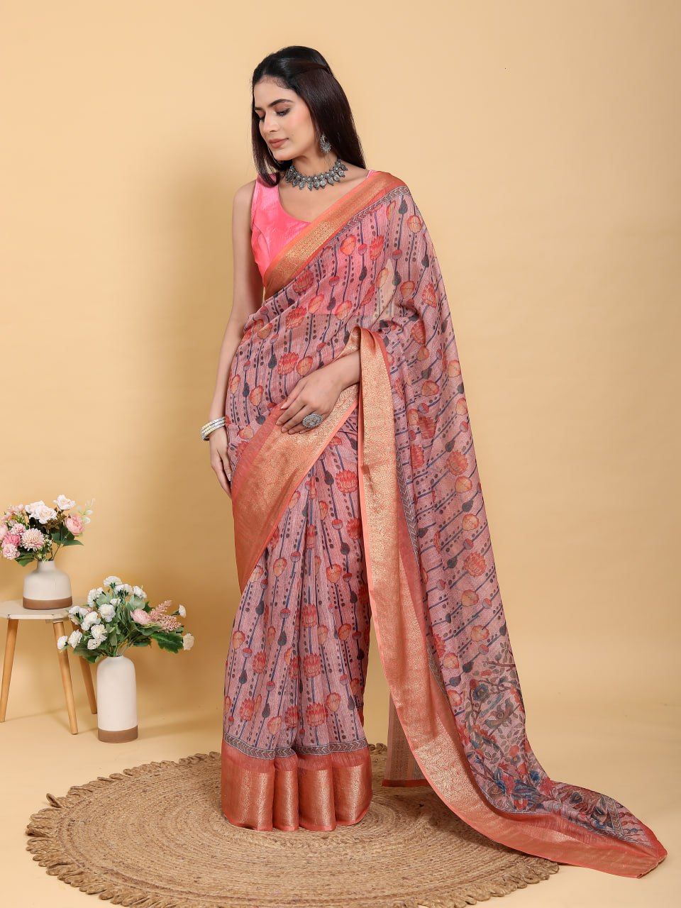 Mauve Floral Linen Saree with Copper-Orange Border