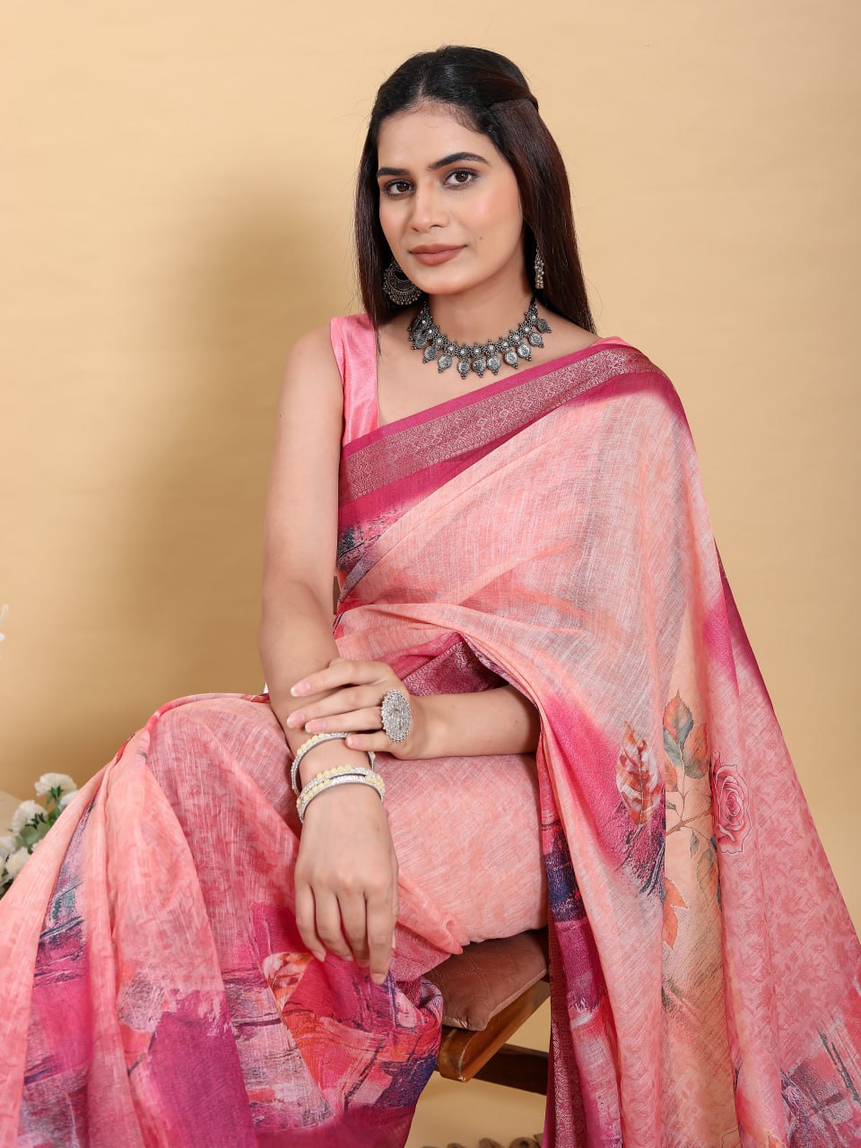 Sunset Pink Abstract Floral Linen Cotton Saree | Elegant Dark Maroon Border