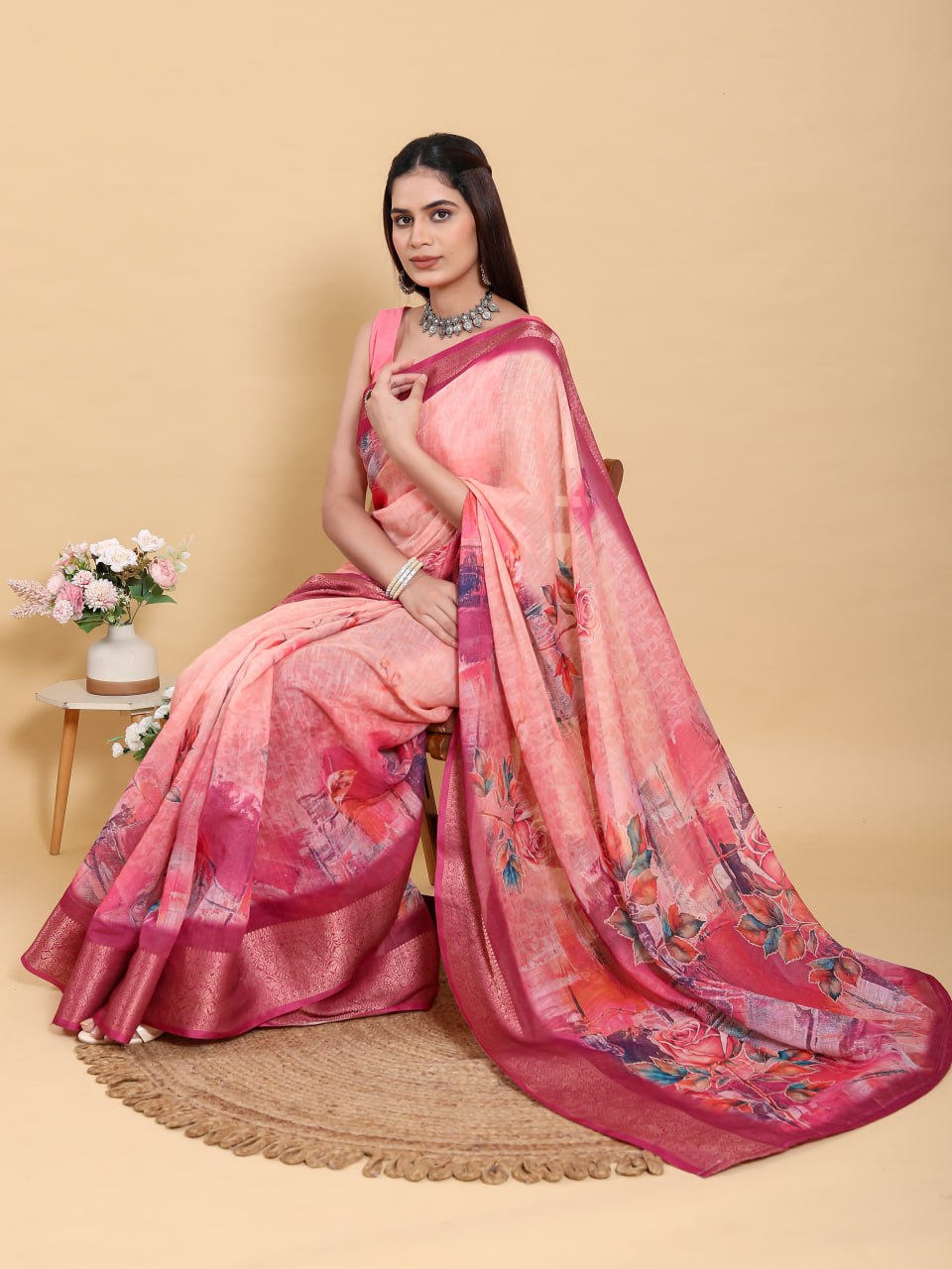 Sunset Pink Abstract Floral Linen Cotton Saree | Elegant Dark Maroon Border