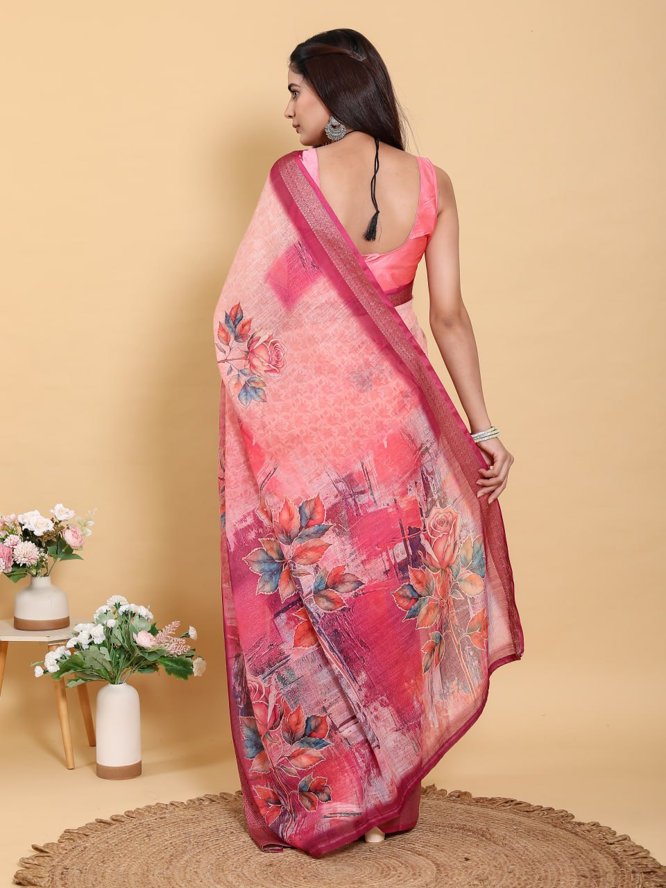 Sunset Pink Abstract Floral Linen Cotton Saree | Elegant Dark Maroon Border