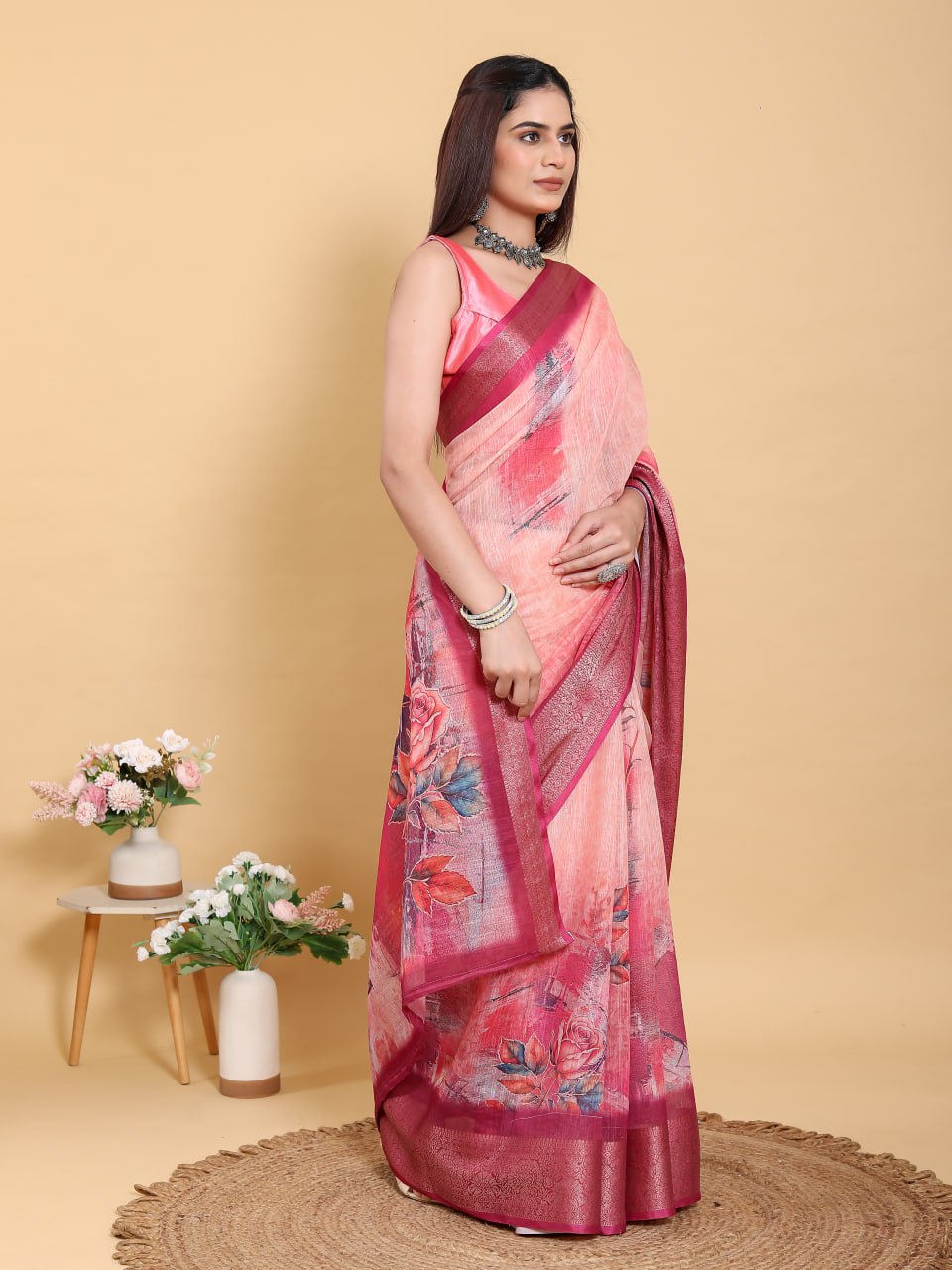 Sunset Pink Abstract Floral Linen Cotton Saree | Elegant Dark Maroon Border