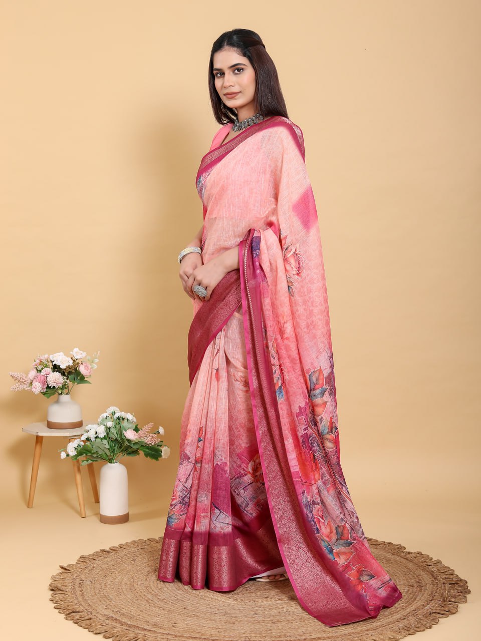 Sunset Pink Abstract Floral Linen Cotton Saree | Elegant Dark Maroon Border