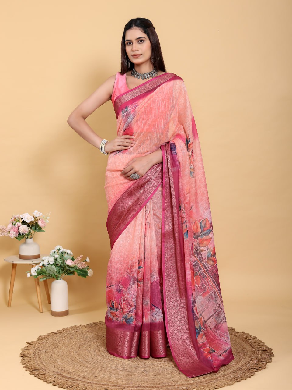 Sunset Pink Abstract Floral Linen Cotton Saree | Elegant Dark Maroon Border