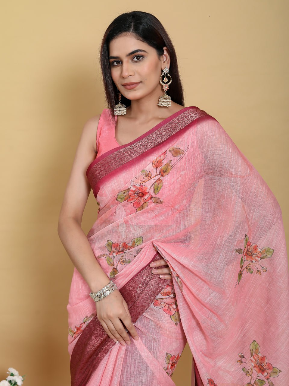 Rose Pink Floral Linen Saree with Magenta Border