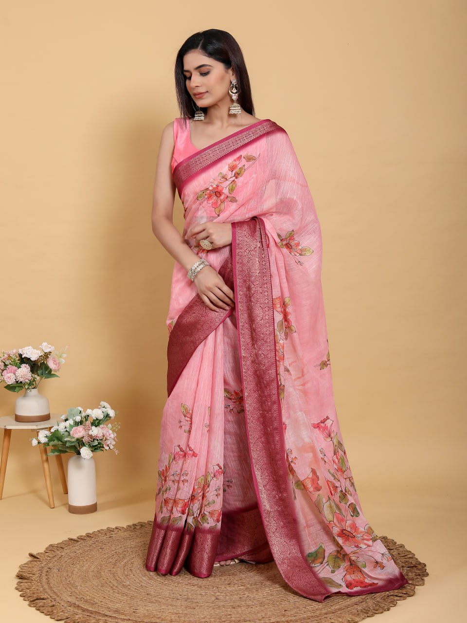 Rose Pink Floral Linen Saree with Magenta Border