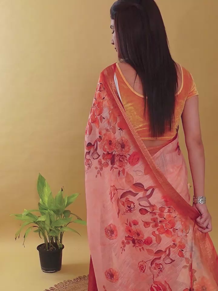 Peach-Orange Floral Print Linen Cotton Saree | Jacquard Patta Saree with Copper-Gold Border