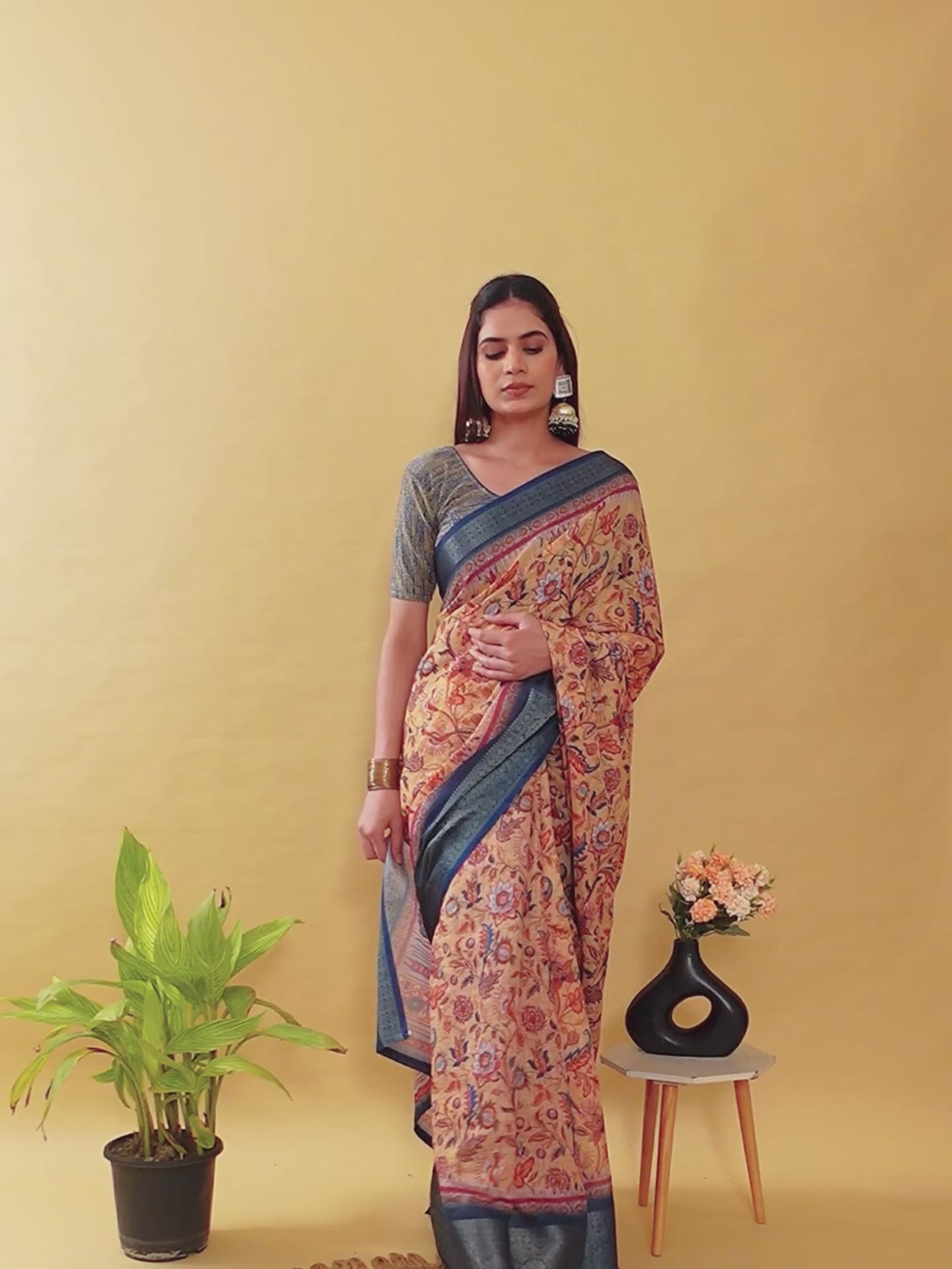 Artistic Mustard & Blue Floral Linen Cotton Saree | Kalamkari-Inspired with Jacquard Border