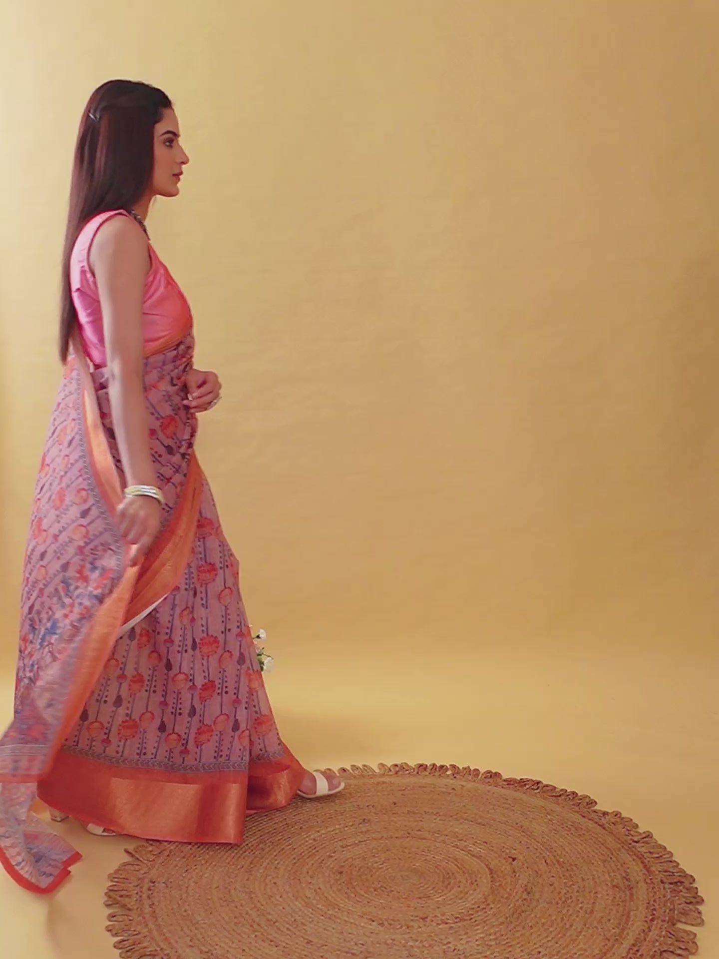 Mauve Floral Linen Saree with Copper-Orange Border