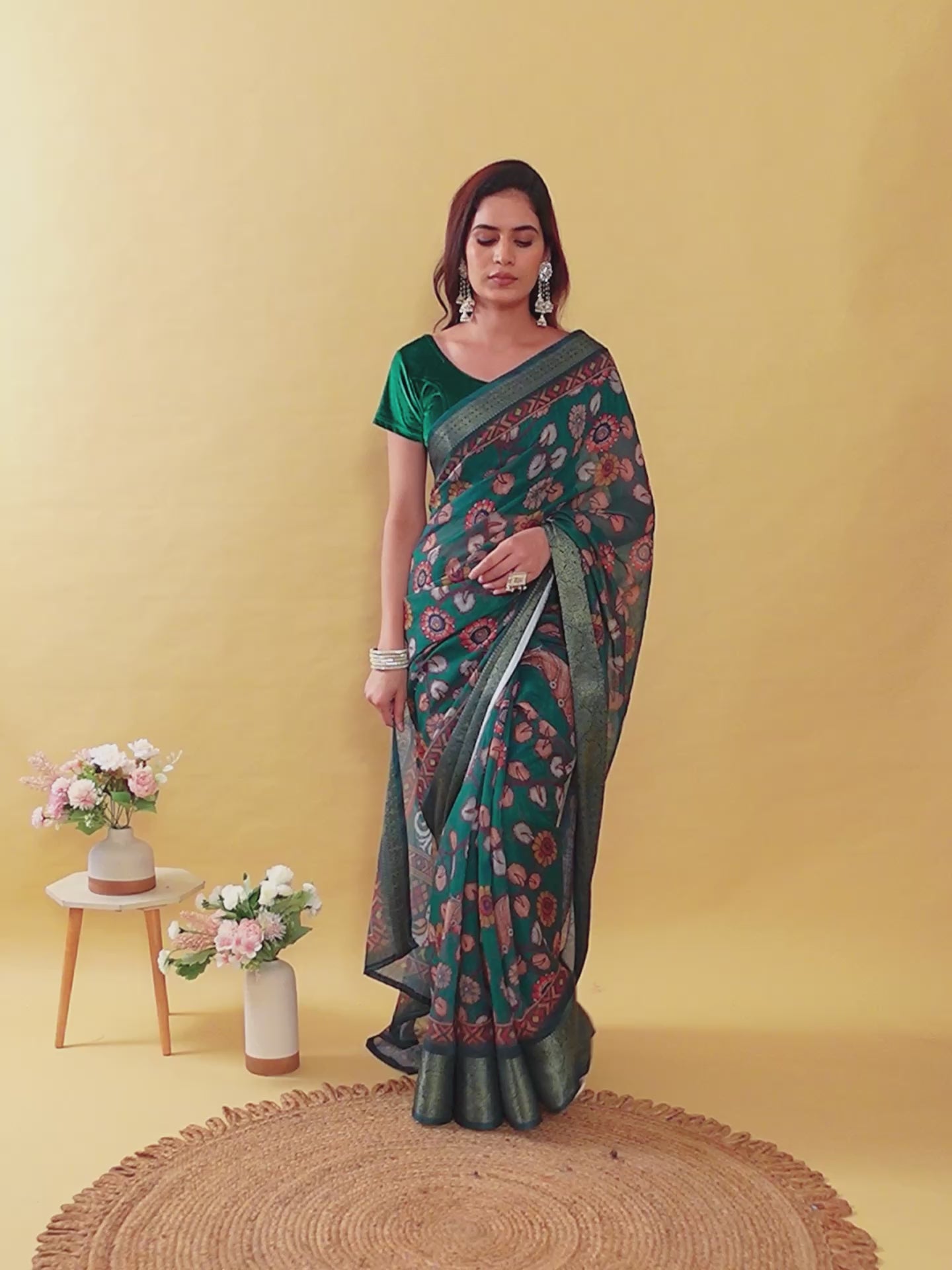 Elegant Forest Green Jacquard Linen Cotton Saree with Patola-Inspired Digital Print & Tone-on-Tone Zari Border | Premium Ethnic Collection