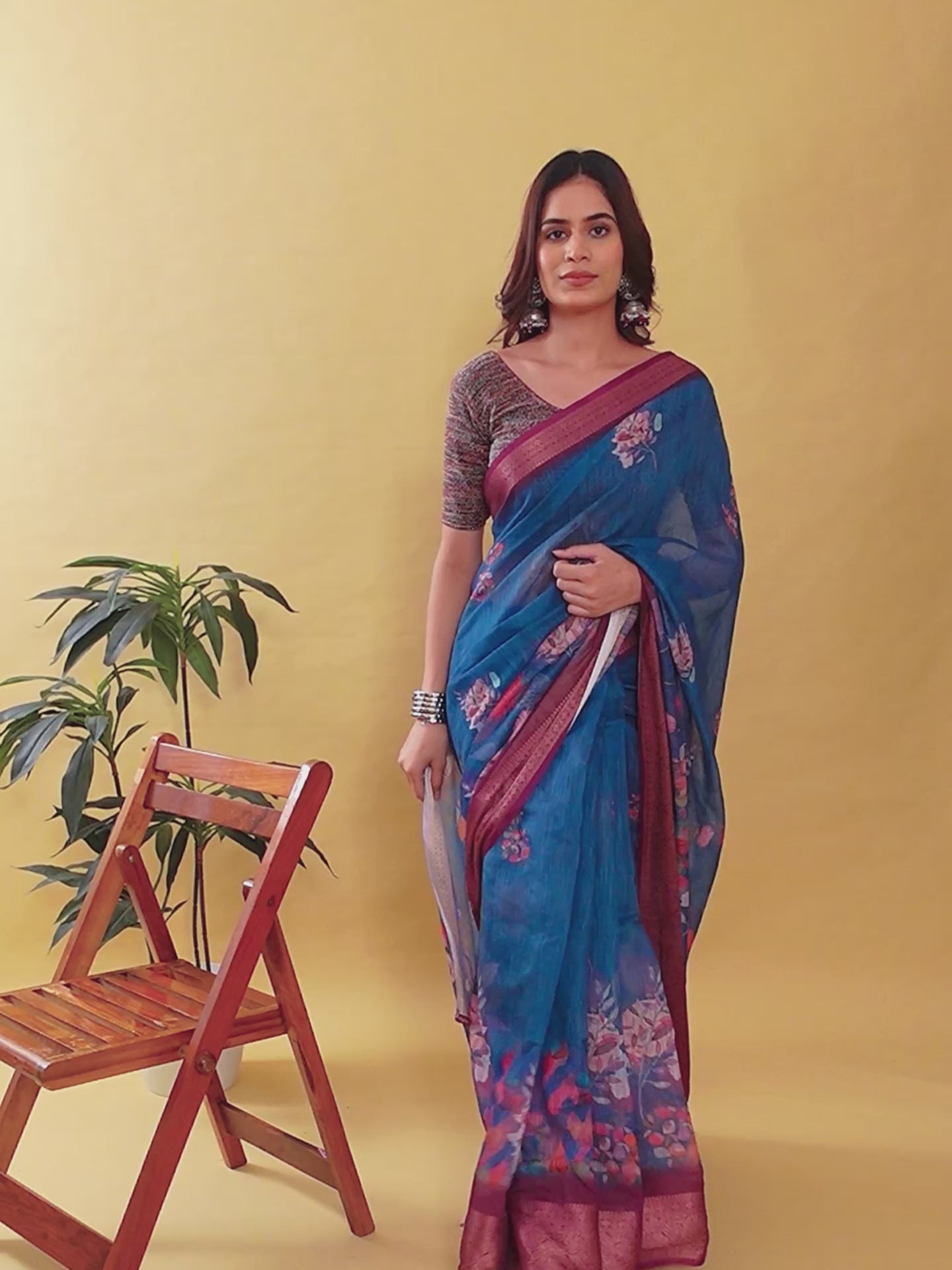 Teal Blue Floral Digital Print Saree with Rich Maroon Zari Border | Premium Linen Cotton Saree