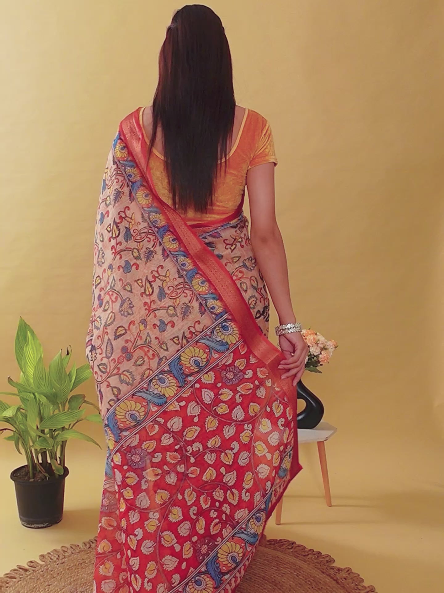 Artistic Kalamkari Linen Cotton Saree with Deep Red Zari Border | Premium Jacquard Patta Saree