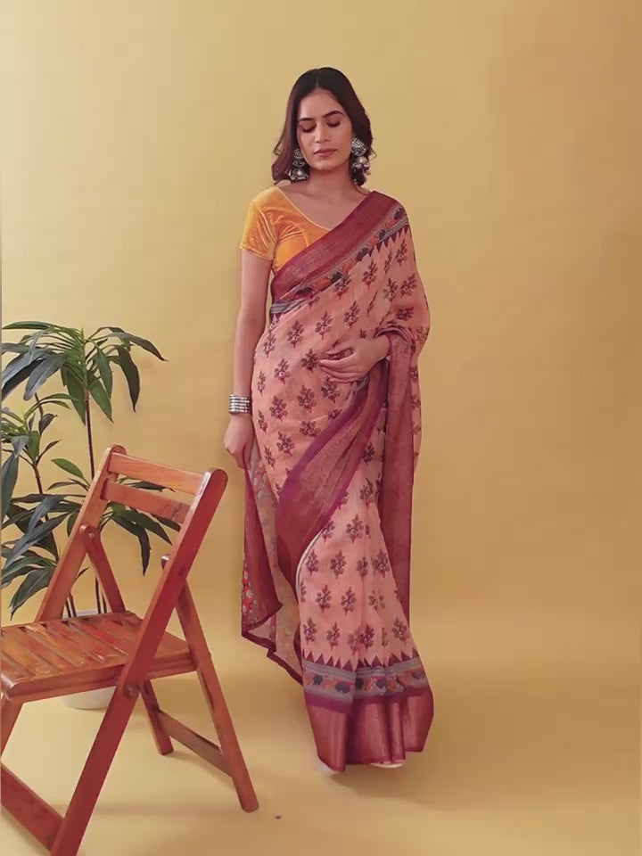 Elegant Peach Coral Floral Digital Print Saree with Maroon Zari Border | Premium Linen Cotton Saree