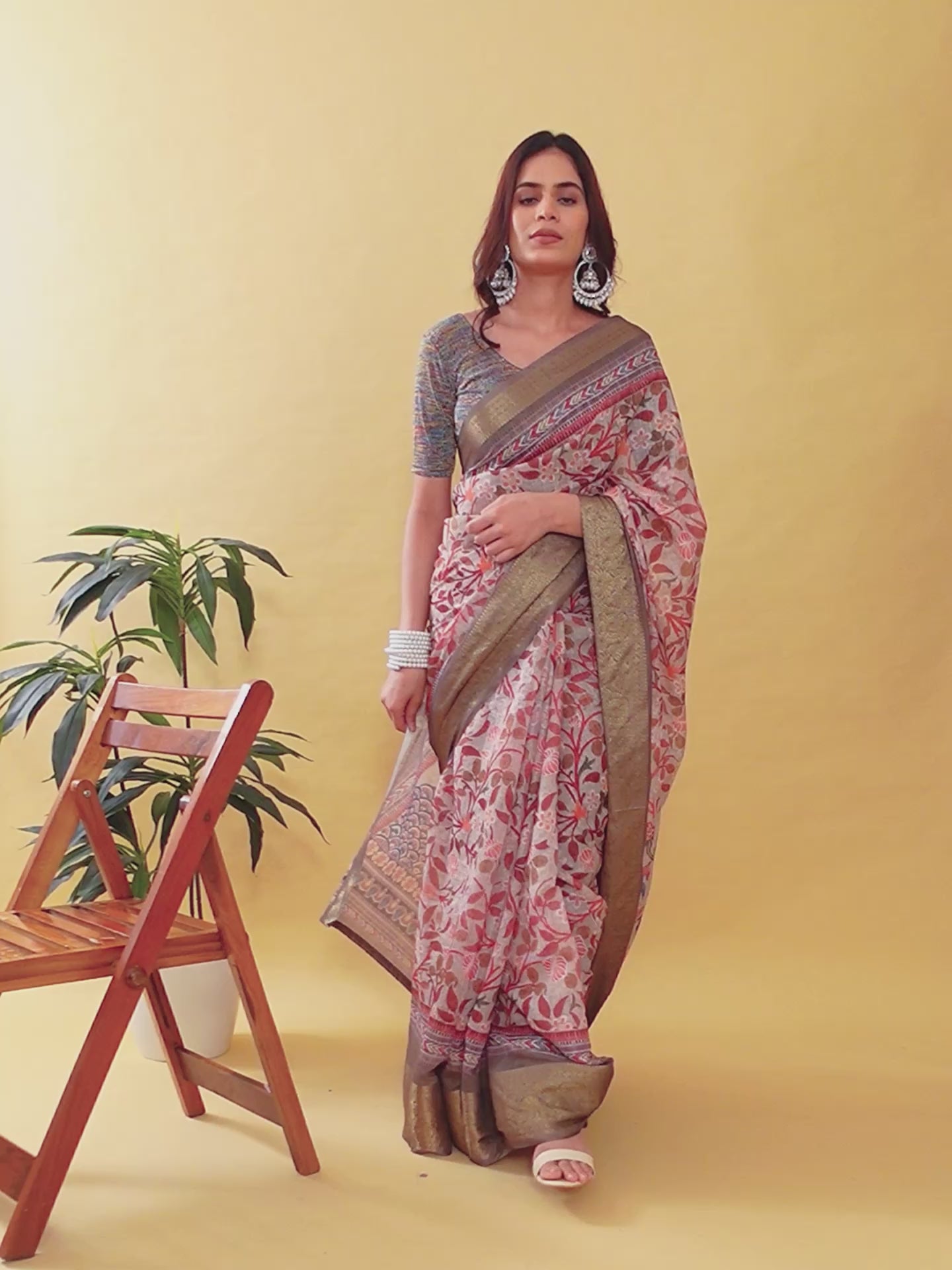 Elegant Beige Kalamkari Digital Print Saree with Elephant Motif & Olive Green Zari Border | Premium Jacquard Linen Cotton Saree for Festive & Cultural Events