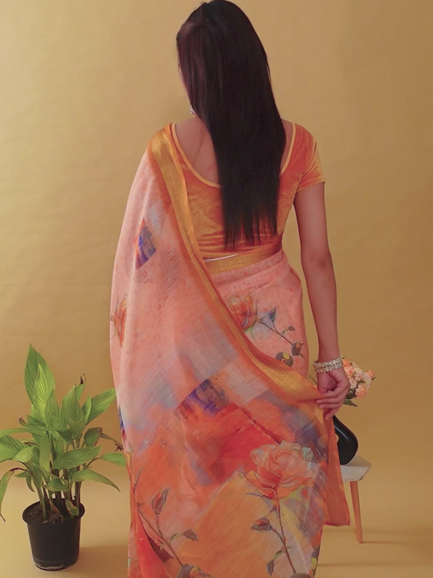 Abstract Peach & Gold Floral Linen Cotton Saree | Jacquard Patta Saree with Antique Gold Border