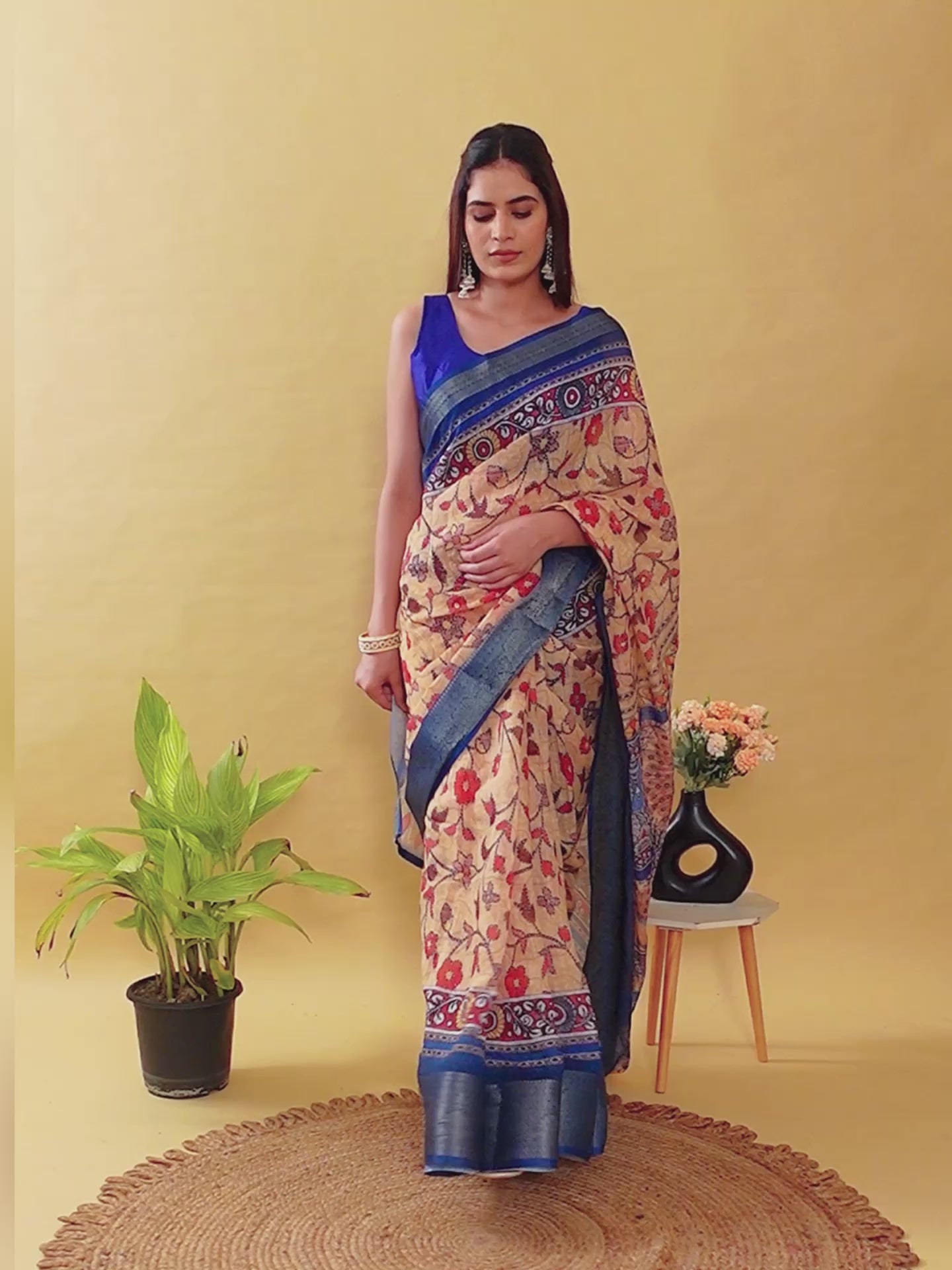 Artistic Beige & Blue Peacock Linen Cotton Saree | Kalamkari Inspired Festive Wear