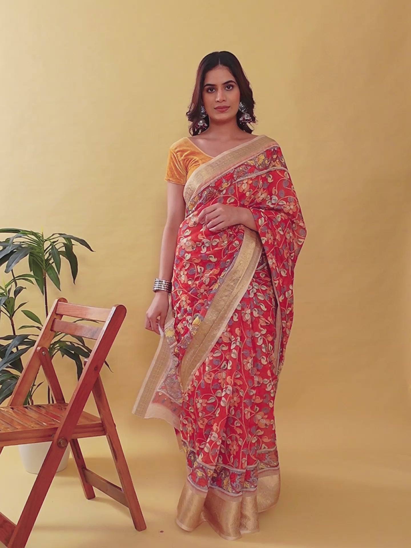 Vibrant Red Kalamkari Saree with Luxurious Gold Zari Border | Premium Jacquard Patta Linen Cotton Saree