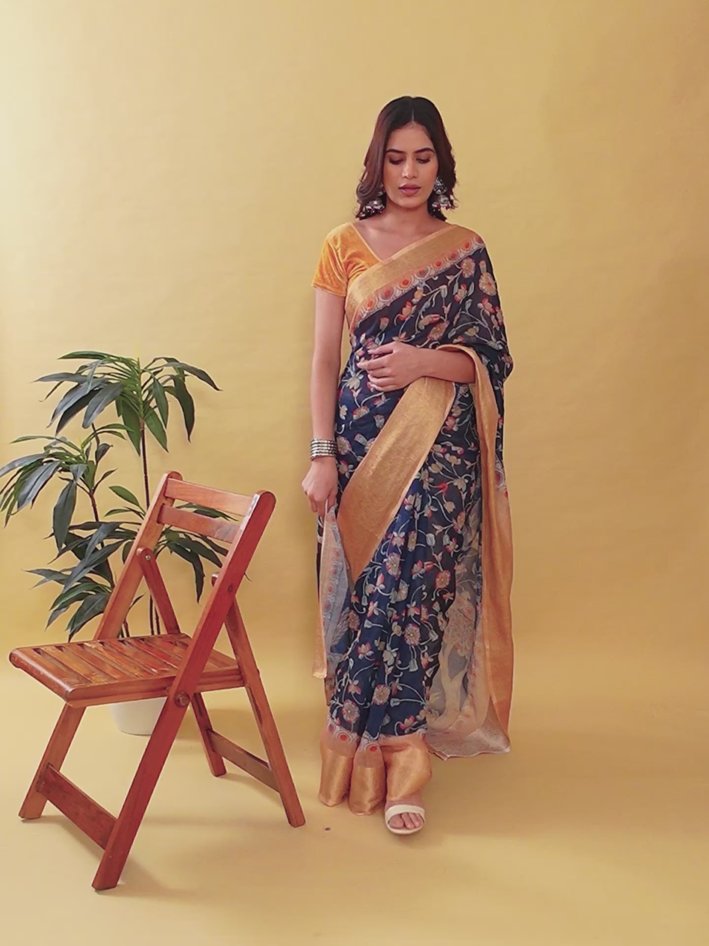 Elegant Navy Blue Floral Saree with Majestic Deer Motif & Rich Gold Zari Border | Premium Jacquard Patta Linen Cotton Saree