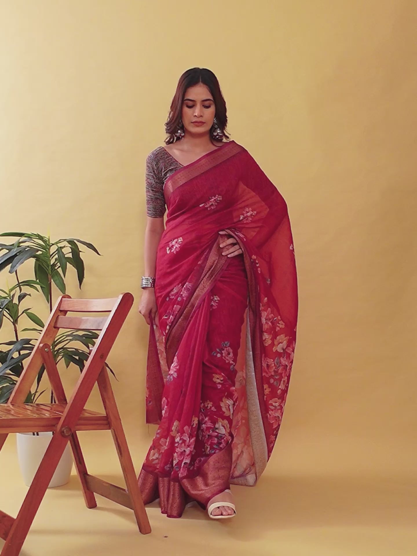 Rich Maroon Floral Digital Print Saree with Metallic Zari Border | Premium Linen Cotton Saree