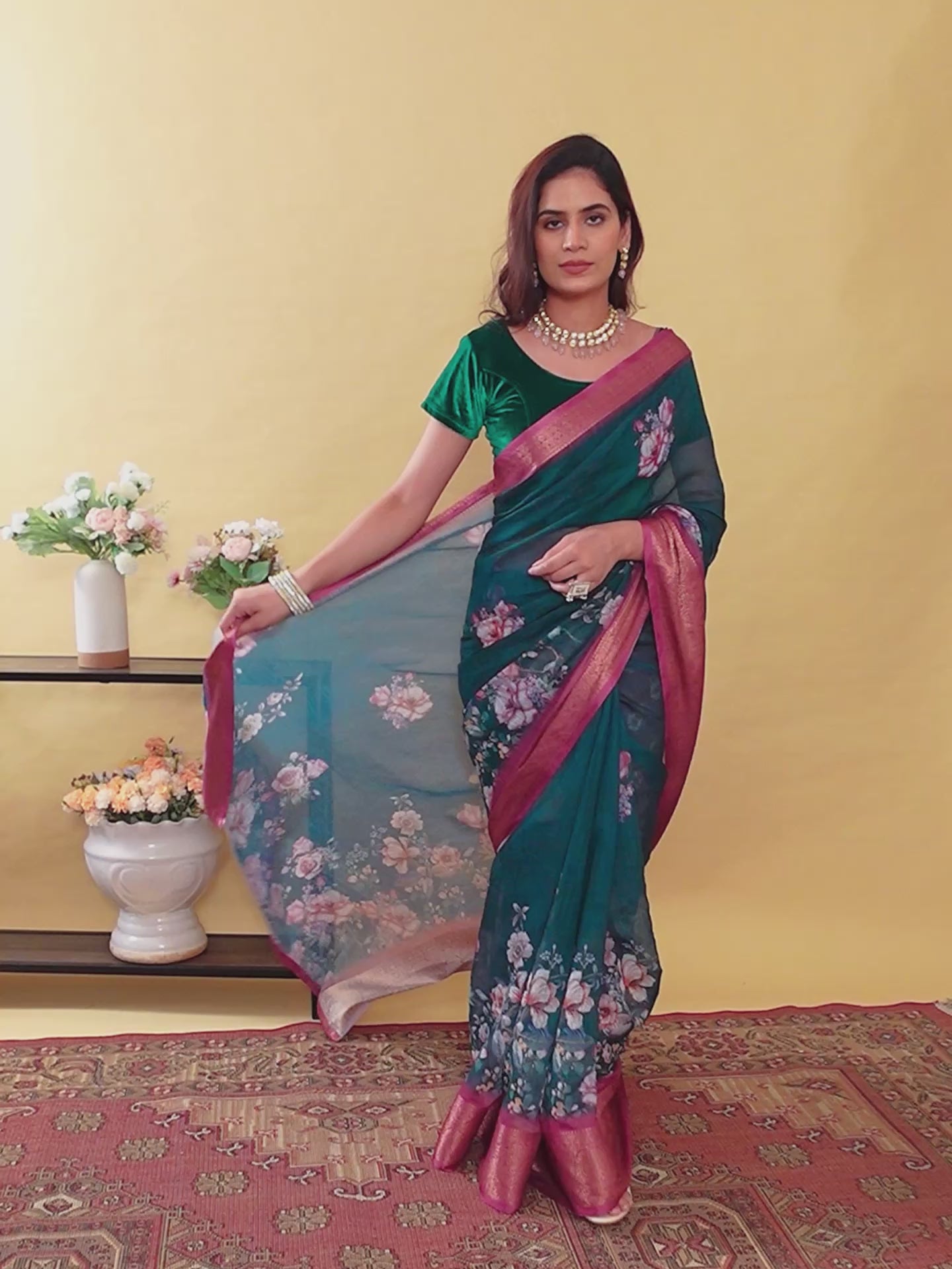 Stunning Teal Jacquard Linen Cotton Saree with Large Floral Digital Print & Contrast Pink-Maroon Zari Border | Designer Festive Collection