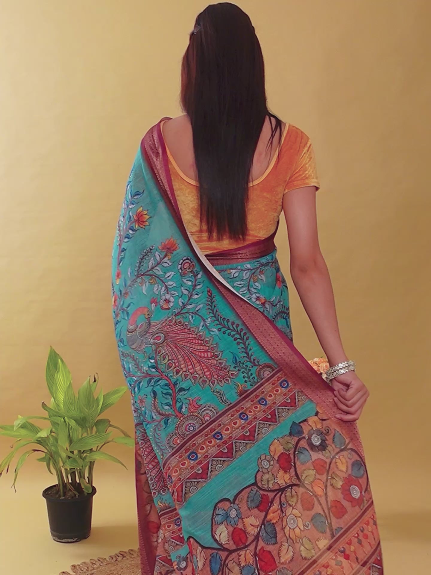 Aqua Teal Peacock Print Linen Cotton Saree | Jacquard Patta Saree with Deep Maroon Zari Border