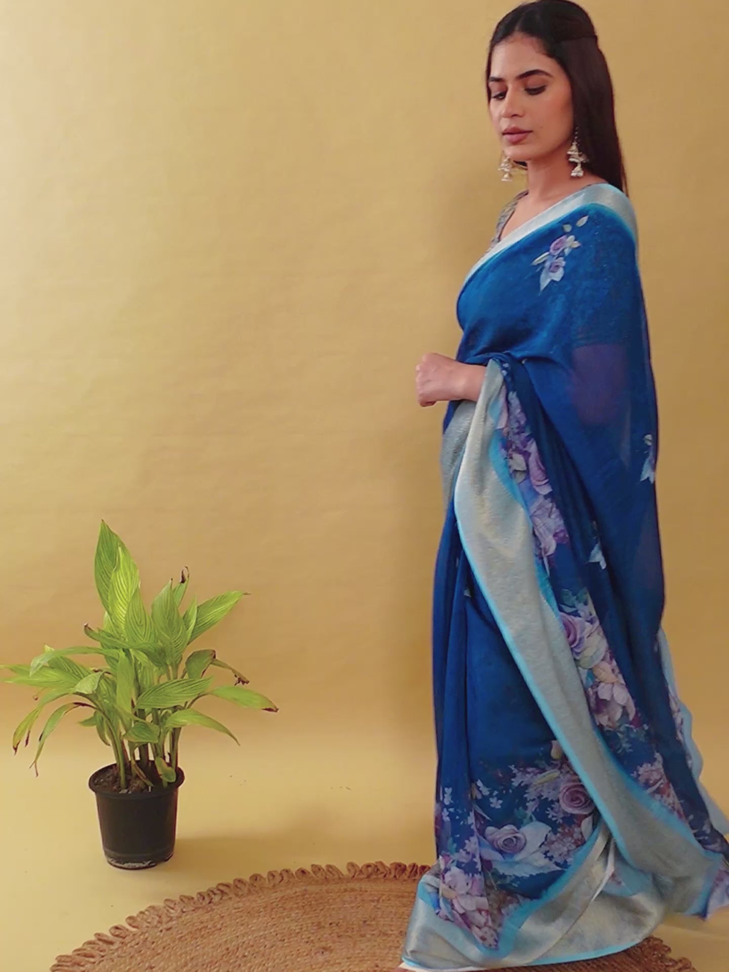 Deep Royal Blue Floral Linen Cotton Saree | Elegant Evening Wear with Jacquard Border
