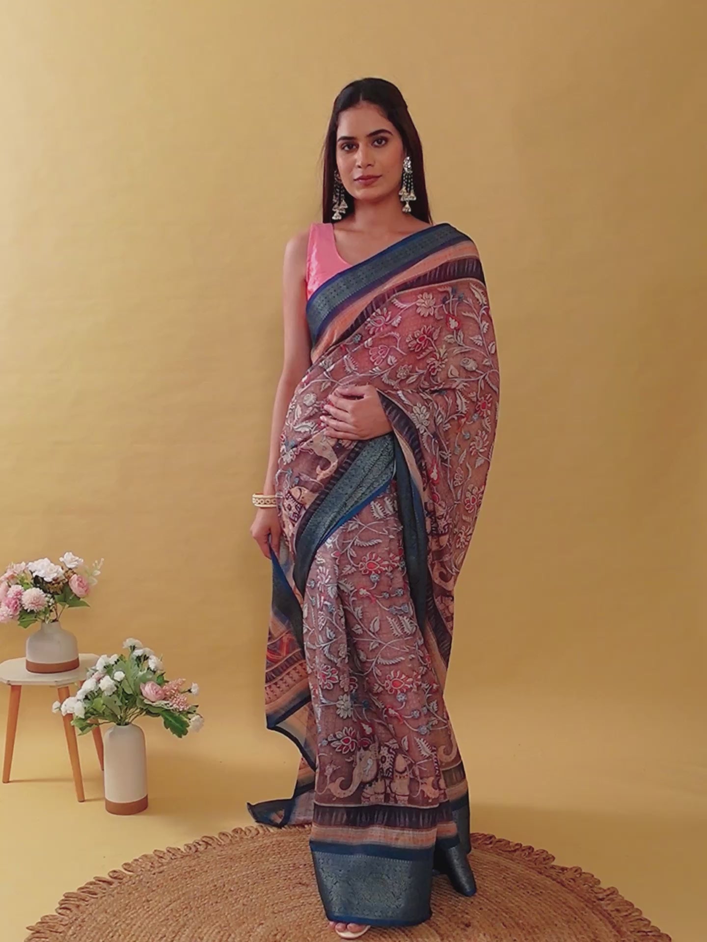 Artistic Brown & Teal Linen Cotton Saree | Kalamkari/Pichwai Inspired Festive Wear