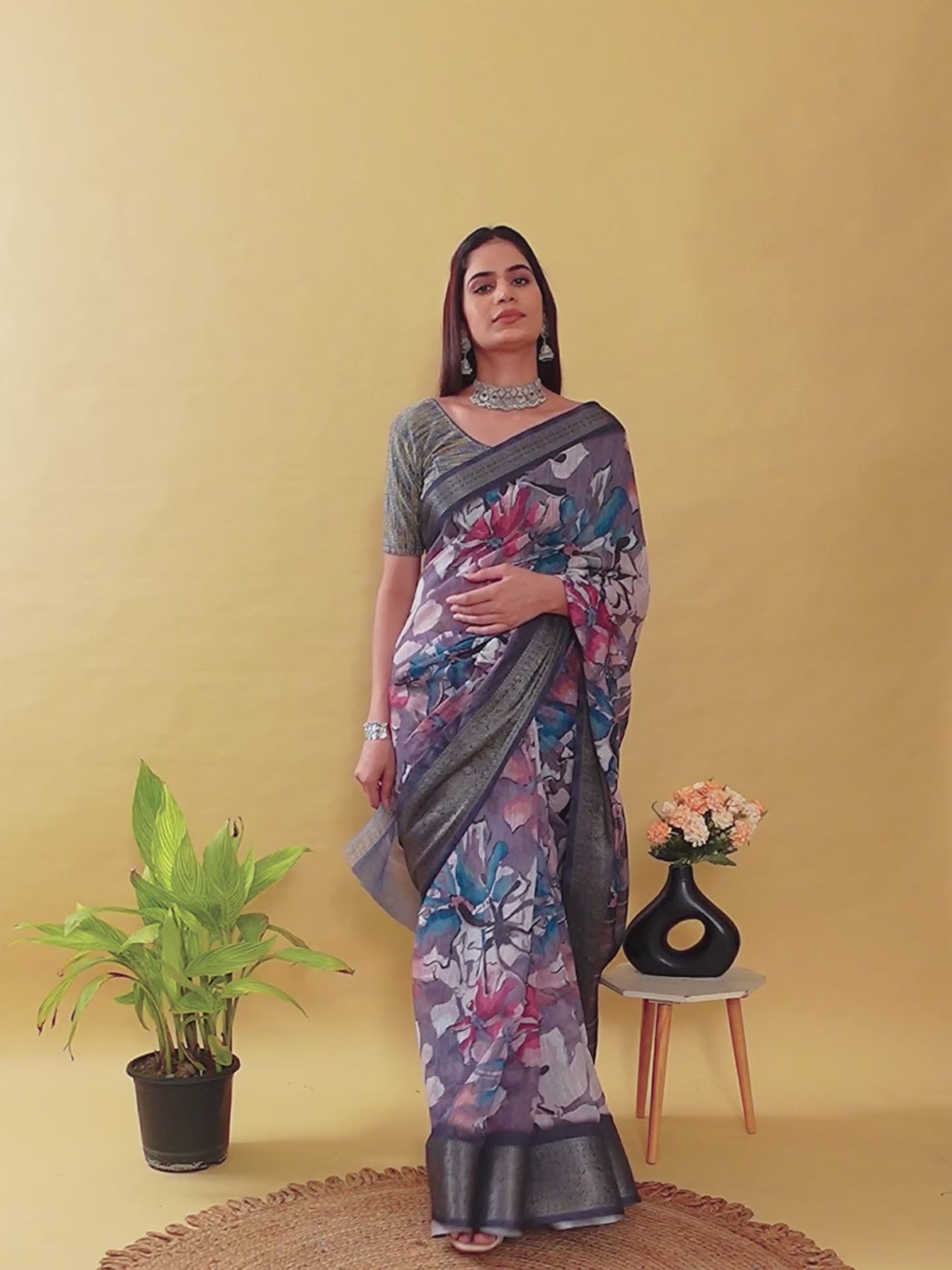 Abstract Grey & Black Floral Linen Cotton Saree | Modern Jacquard Patta Saree with Charcoal Metallic Border