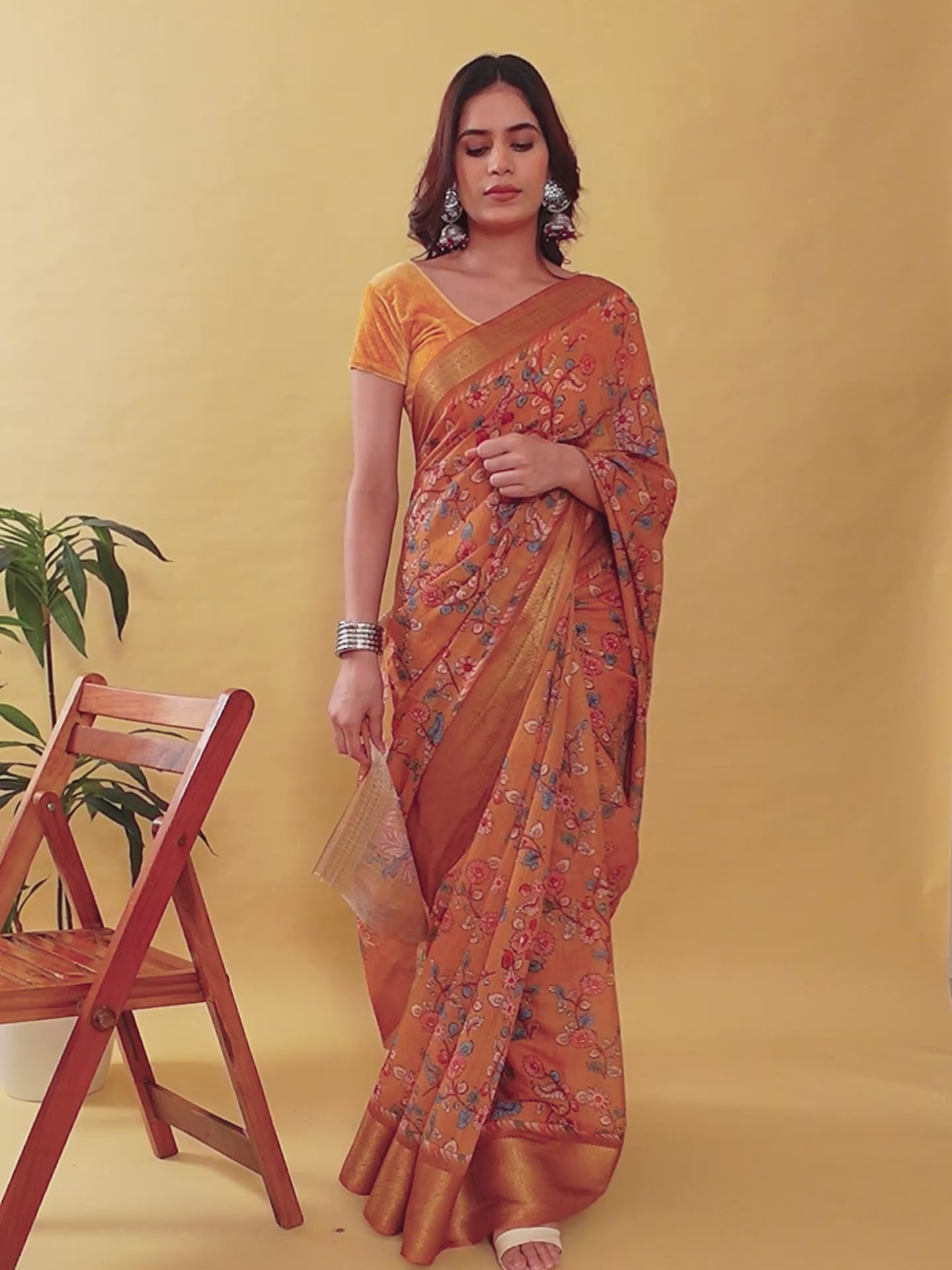 Elegant Mustard Yellow Floral Digital Print Saree with Broad Gold Zari Border | Premium Linen Cotton Saree