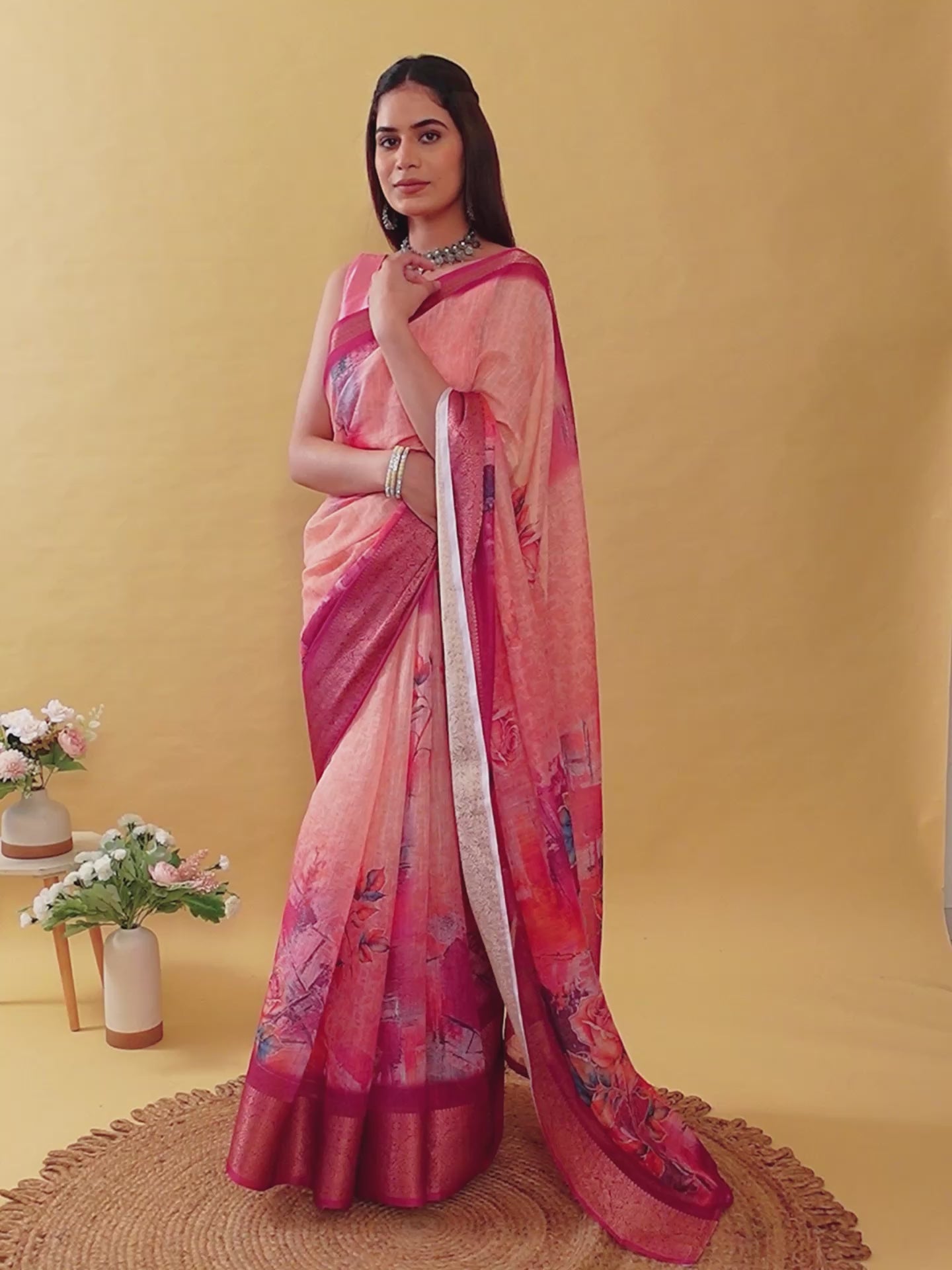 Sunset Pink Abstract Floral Linen Cotton Saree | Elegant Dark Maroon Border
